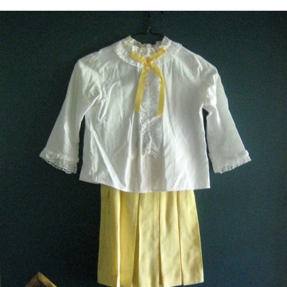 Vintage Girls Yellow & White Outfit w/ Blouse & Pleated Skirt, 1950's